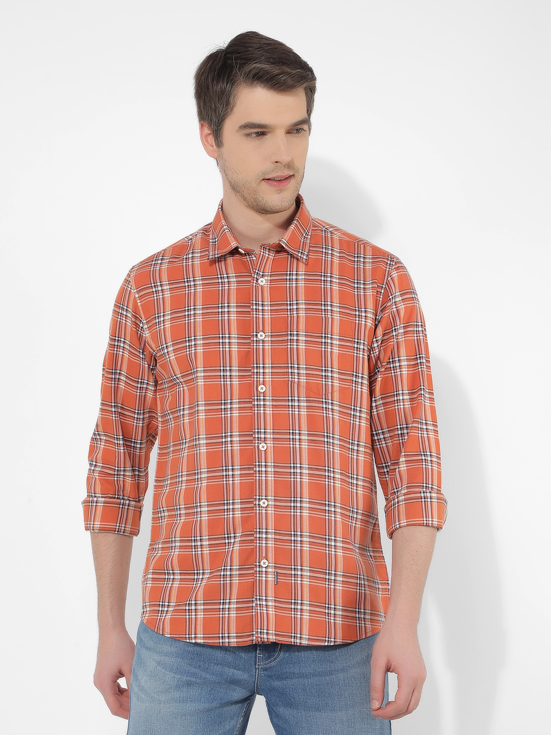 Numero Uno Men Checkered Orange Shirt